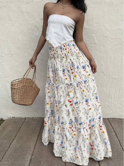 Floral Skirt Women Summer Printed Drooping Slimming Pleated Pleated A line Skirt