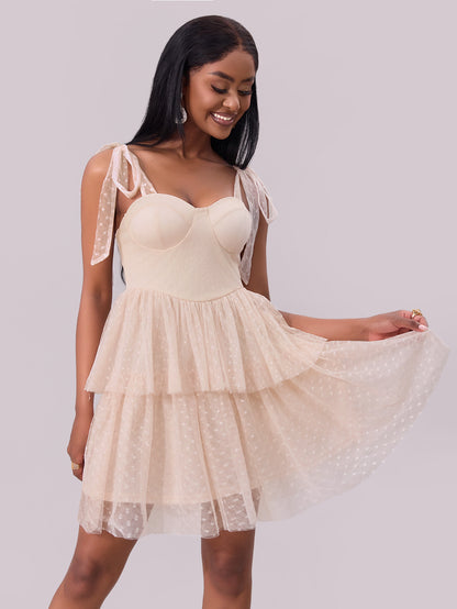 Women Clothing Evening Dress Lace up Shoulder Pleated Hem Mesh Dress