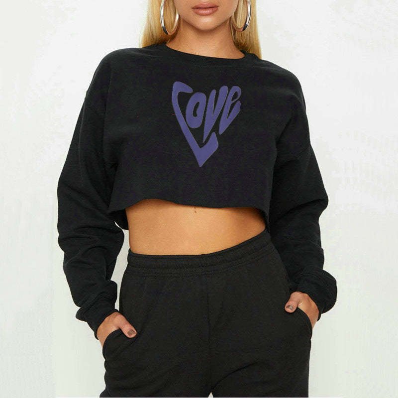 Women Clothing Autumn Winter Love Heart-Shaped Letter Graphic Printing round Neck Short Long-Sleeved Sweatshirt