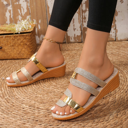 Plus Size Color Matching Wedge Toe Baring Sandal Women Fish Mouth Outer Wear Mid Heel Beach Slippers