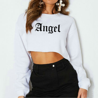 Women Clothing Autumn Winter Angel Letter Graphic Printed Short Long Sleeved Sweatshirt for Women