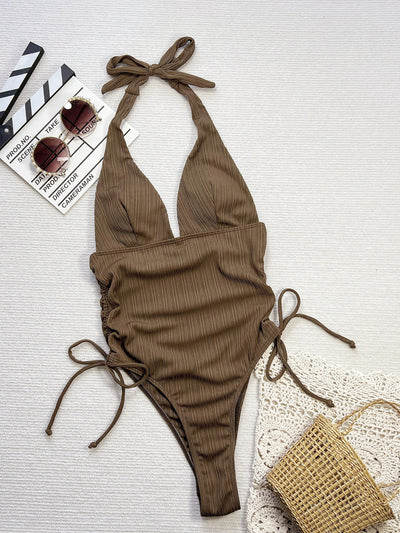 Bikini Deep V Plunge neck Hollow Out Cutout out Pleated One Piece Swimsuit