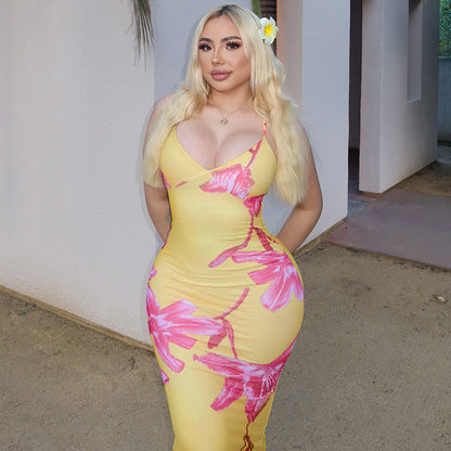 Women Clothing Summer Printed V neck Backless Suspenders Sexy Dress