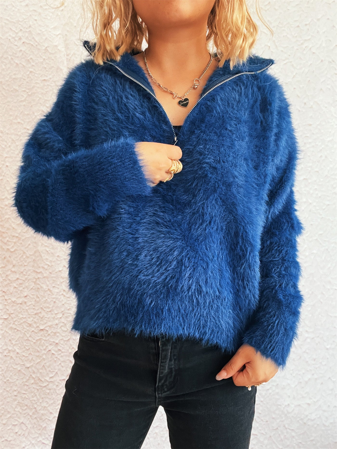 Solid Color Short Casual Polo Collar Half Zipper Knitted Top Commuting Women Sweater