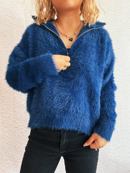 Solid Color Short Casual Polo Collar Half Zipper Knitted Top Commuting Women Sweater