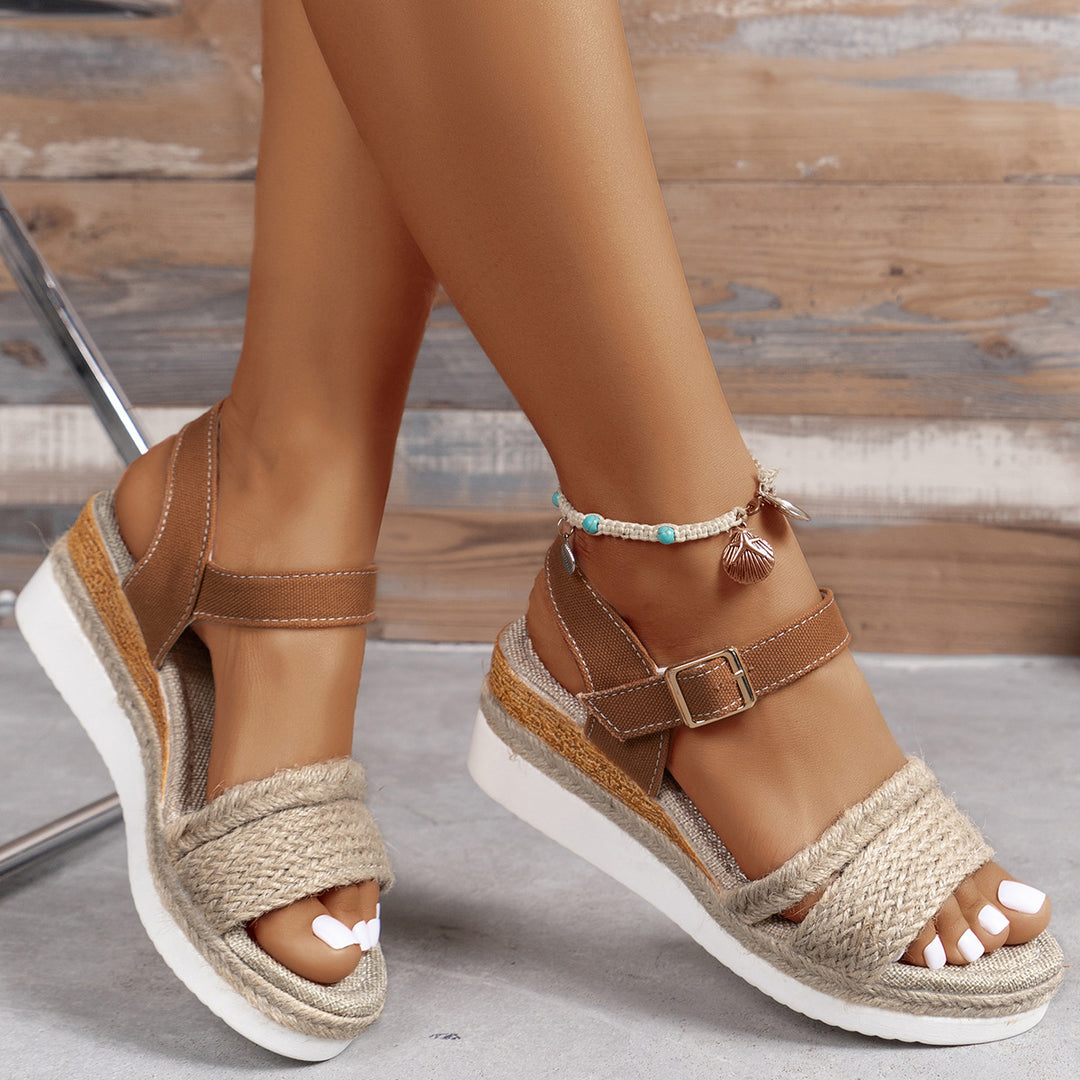 Straw Woven Hemp Rope Wedge Lightweight Sandals Women Platform Beach Sandals with Buckle - GLAMWEARS