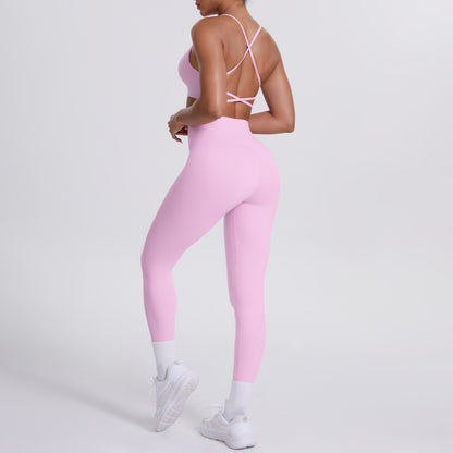 Nude Feel No Embarrassment Line Sports Trousers Sexy Shoulder Strap Beauty Back Running Fitness Pants Yoga Clothes Set