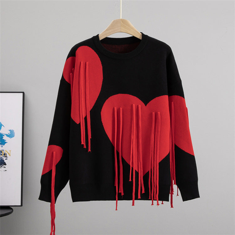 Love Tassel Autumn Winter Sweater Fashionable Knitted round Neck Stitching round Neck Pullover Top Knitting