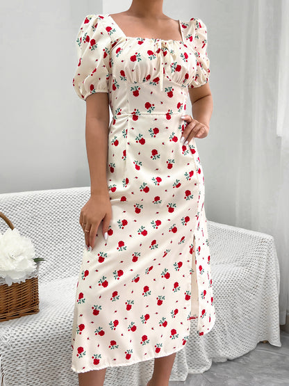 Women Clothing Puff Sleeve Floral Split Dress Vacation