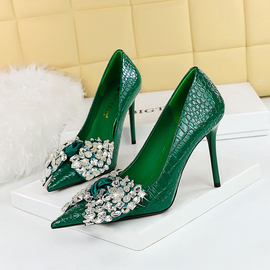 Korean Cocktail High Heels Stiletto Heel Shallow Mouth Pointed Toe Rhinestone Bow Pumps Women - GLAMWEARS