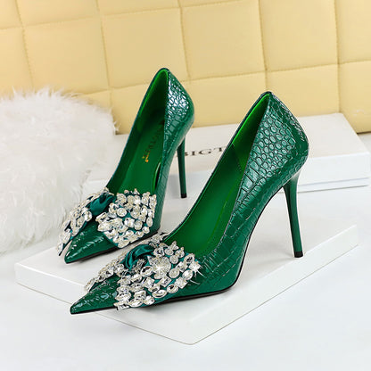 Korean Cocktail High Heels Stiletto Heel Shallow Mouth Pointed Toe Rhinestone Bow Pumps Women