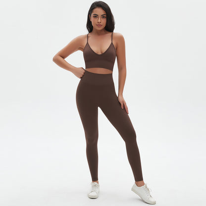 Spaghetti Strap Bra Trousers Suit-Brown