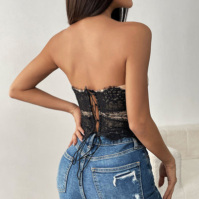 Net Red Sexy Splicing Deep V Plunge Contrast Color Lace Lace Lace Lace Waist Corset