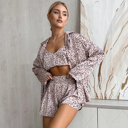 Autumn Satin Polka Dot Printed Homewear Underwear Shorts Outerwear Gown Three Piece Pajamas
