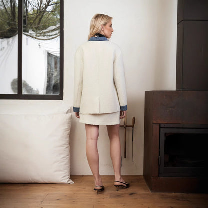 Office White Tweed Fabric Stitching Collared Four Bag Design Classic Patchwork Top Coat