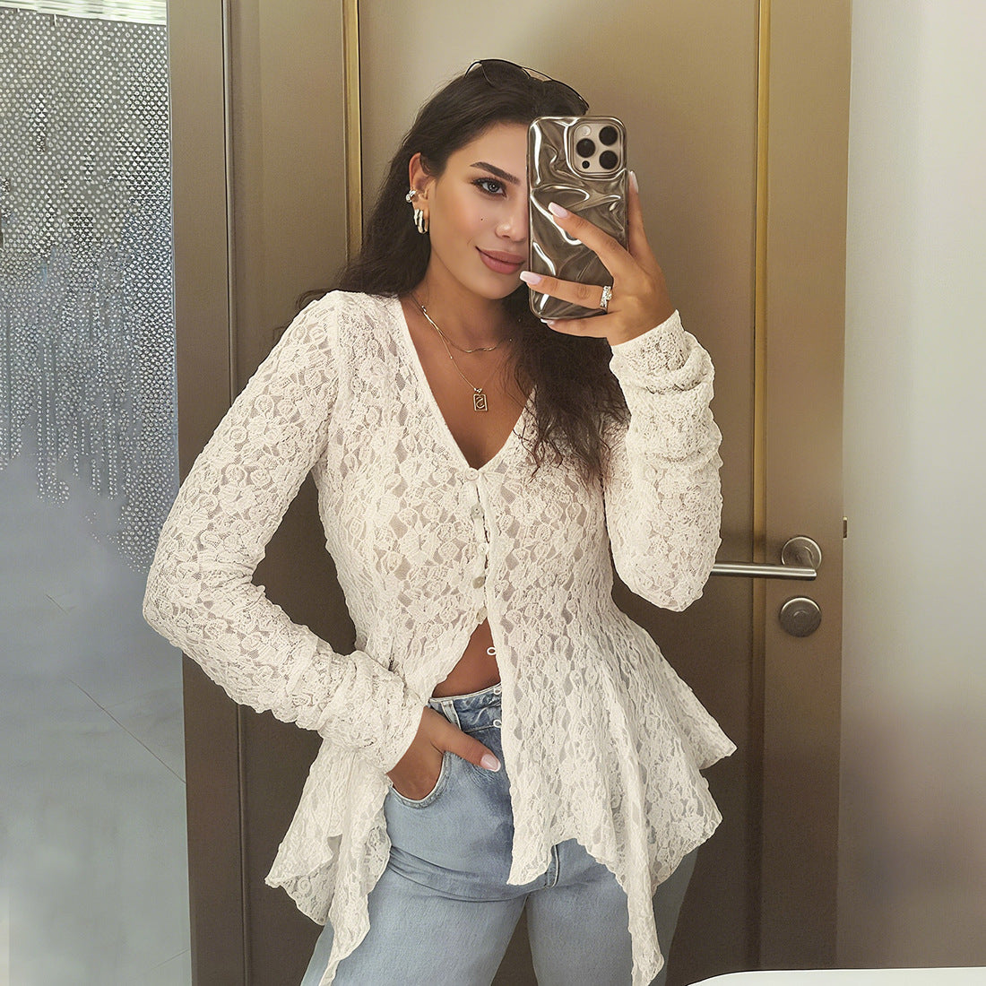 Women Clothing Solid Color Sexy Cutout Irregular Asymmetric Hem Lace Long Sleeve Cardigan T shirt Women
