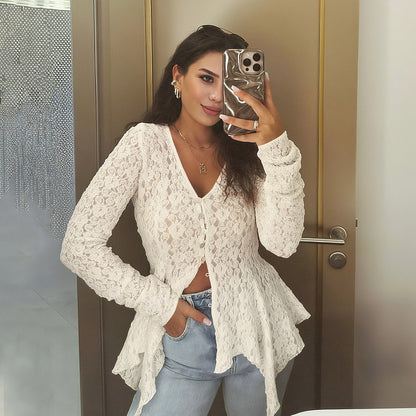 Women Clothing Solid Color Sexy Cutout Irregular Asymmetric Hem Lace Long Sleeve Cardigan T shirt Women