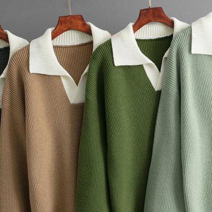 Autumn Winter Knitted Top Women Color Matching Polo Collar Loose Pullover Sweater Outerwear Sweater