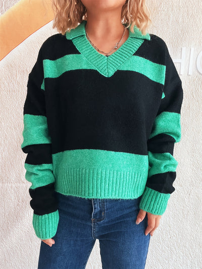 Autumn Winter Contrast Color Striped Knitted Sweater Collared Office Long Sleeve Women Pullover