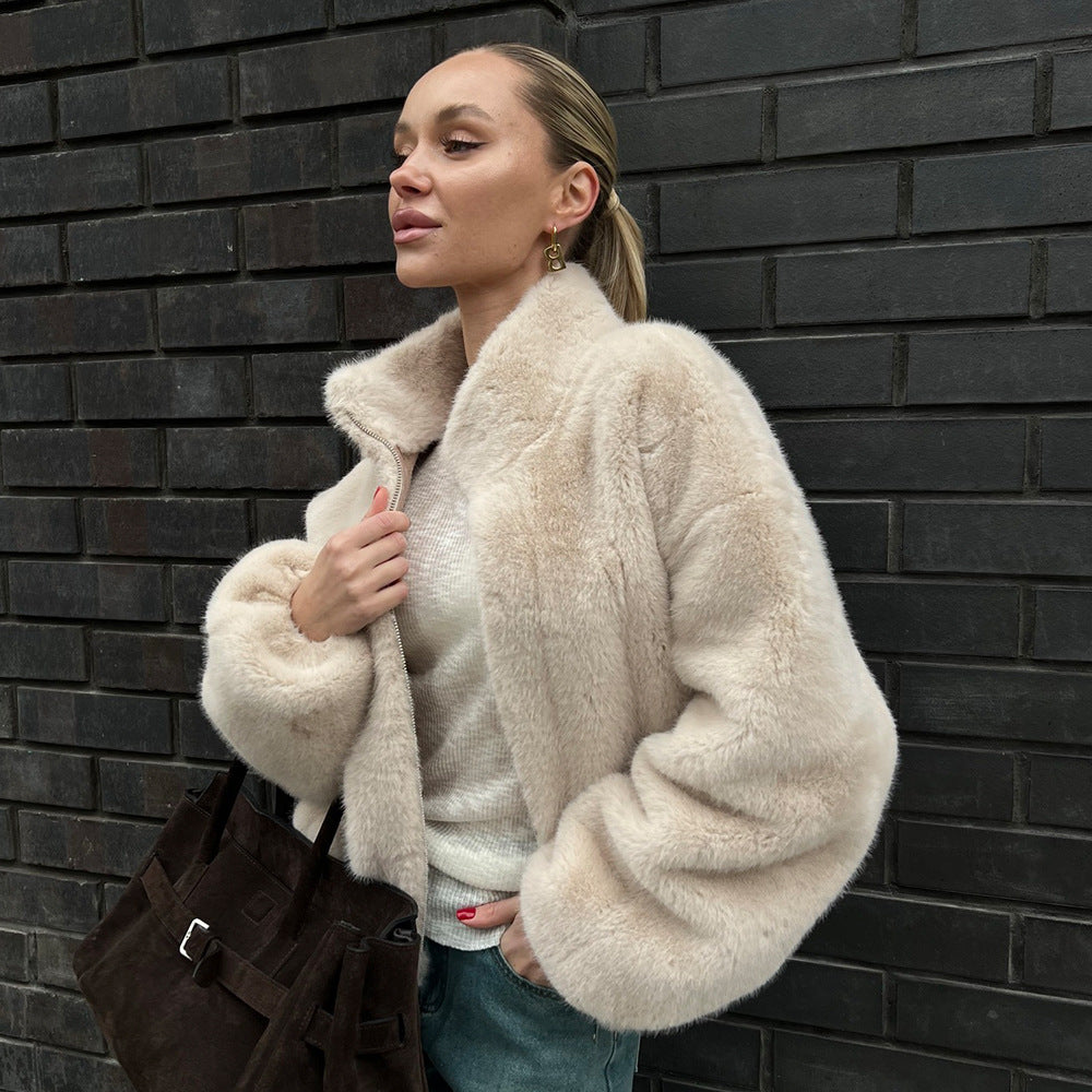 Stand Collar Plush Coat Autumn Winter with Zipper Furry Coat Warm Plush Coat for Women