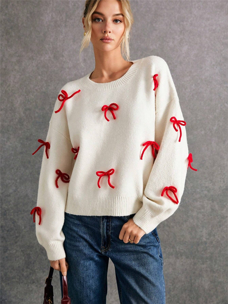 Red Bow Decoration Loose Crew Neck Pullover Sweater Autumn Top