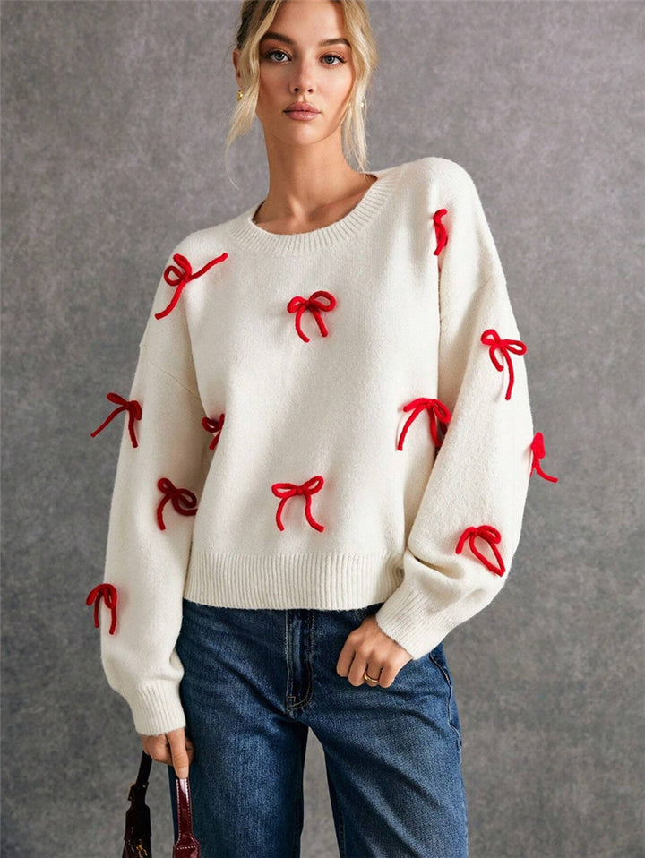 Red Bow Decoration Loose Crew Neck Pullover Sweater Autumn Top - GLAMWEARS