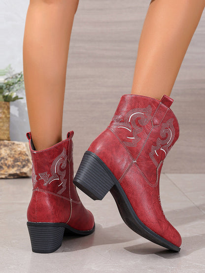 Pointed Embroidered Solid Color Chunky Heel Leather Boots Women Short Solid Color Slip on Knight Martin Boots