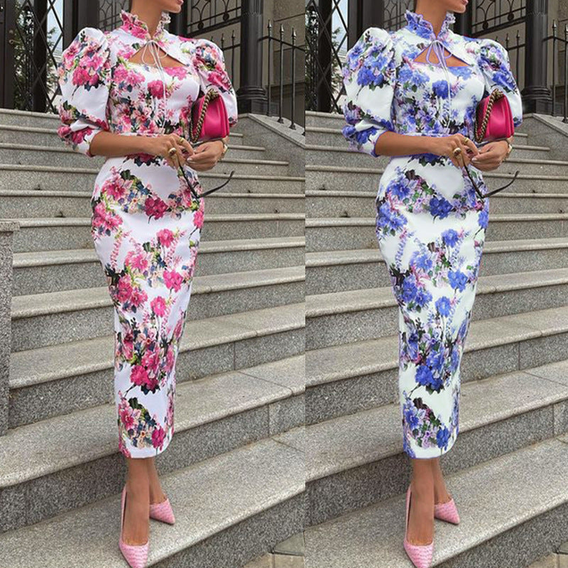 Early Autumn Women Clothing Sexy Slim Stand Collar Midi Printed Dress