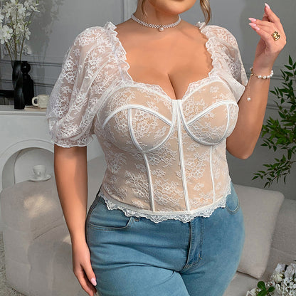 Sexy Lace See through Puff Sleeve Lace Boning Corset Top