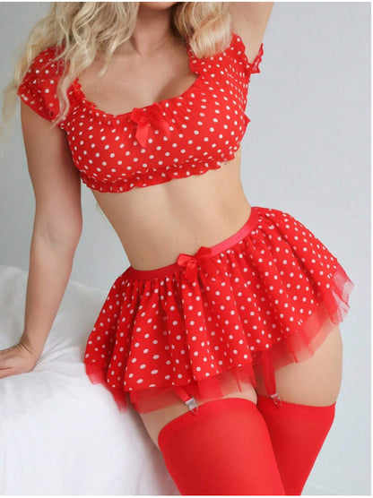 Women Sexy Split off Shoulder Skirt Dot Mesh Sexy Lingerie Set