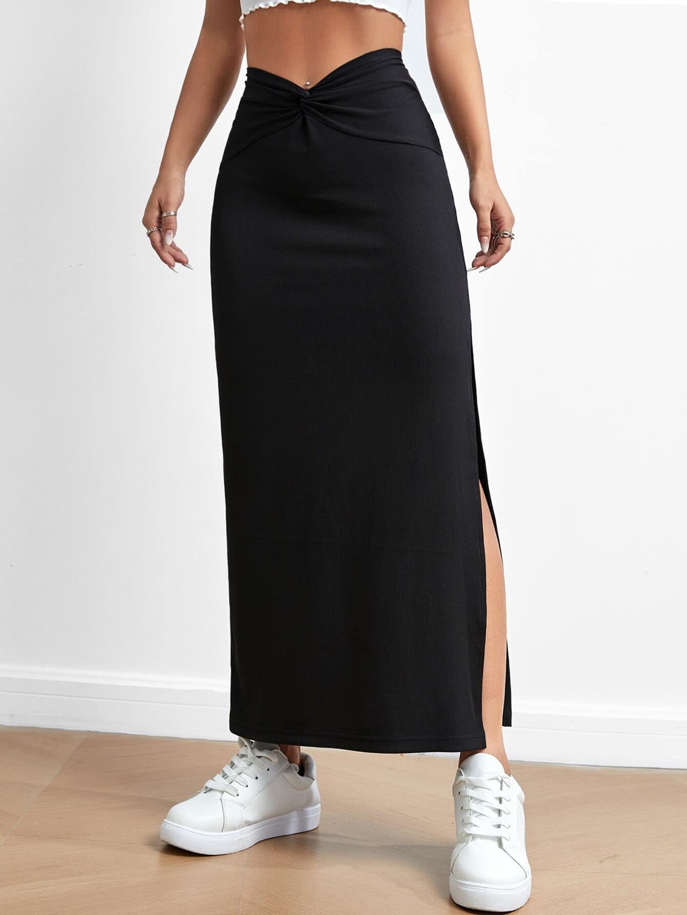 Women Clothing Simple Design Skirt Autumn Winter High Waist Drape Slit Dress