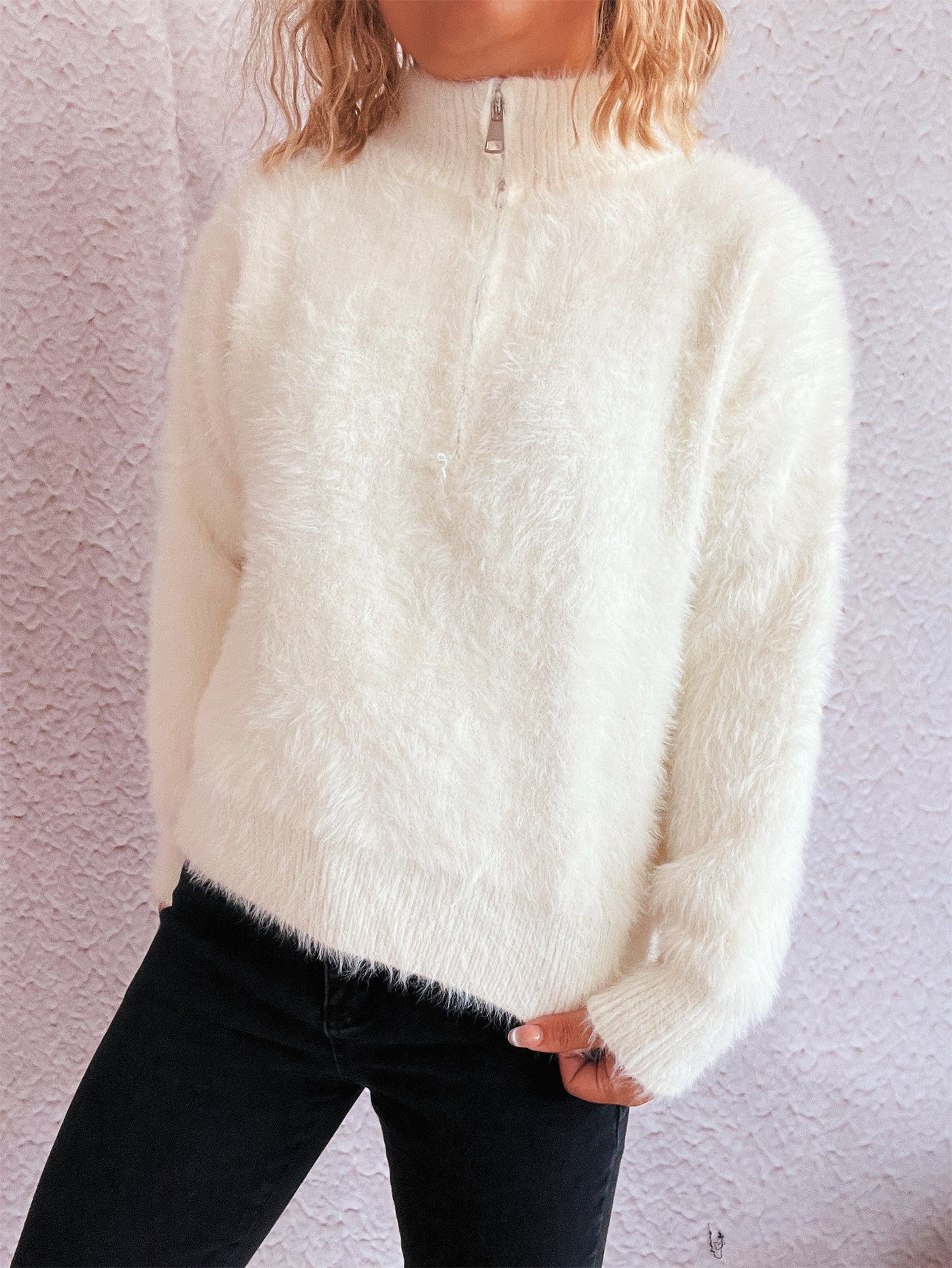 Solid Color Short Casual Polo Collar Half Zipper Knitted Top Commuting Women Sweater