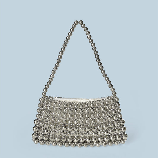 Handmade Beaded Weave Shoulder Bag Simple Handbag Silver Beaded Boat Bag