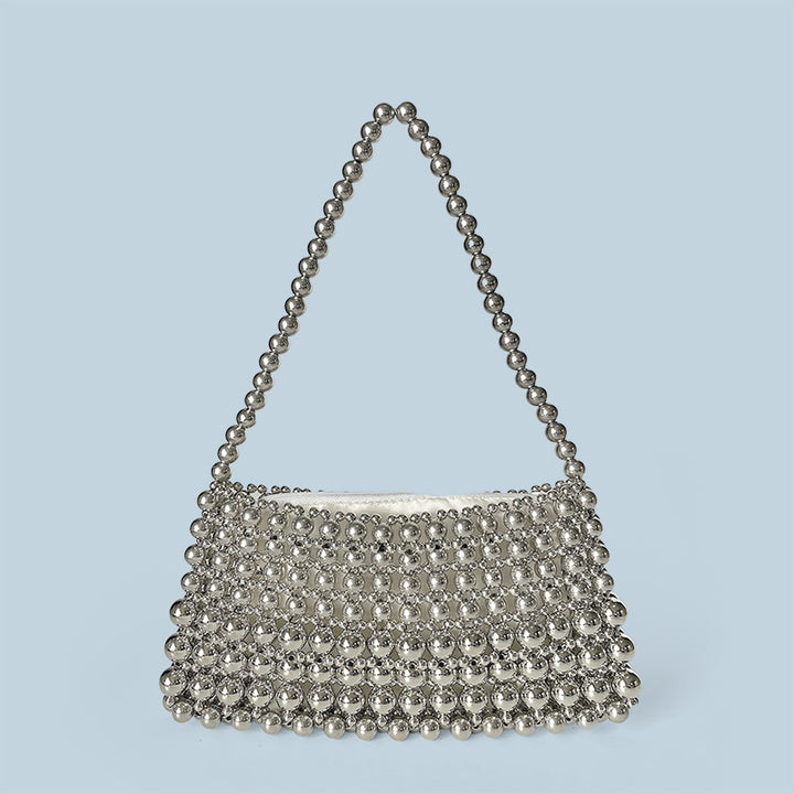 Handmade Beaded Weave Shoulder Bag Simple Handbag Silver Beaded Boat Bag - GLAMWEARS