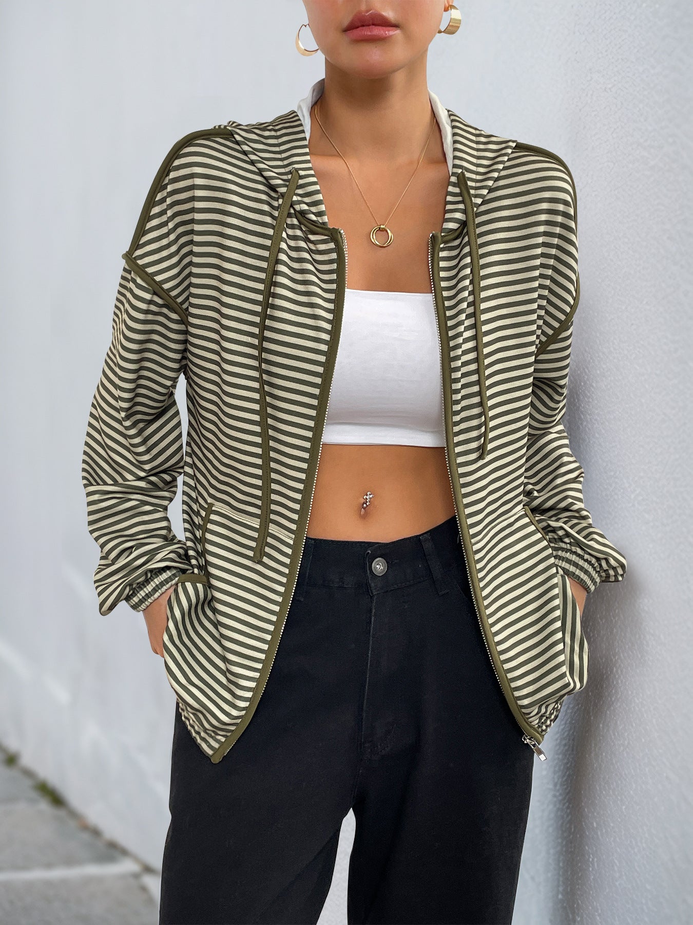 Autumn Office Dating Idle Hooded Striped Women Casual Jacket