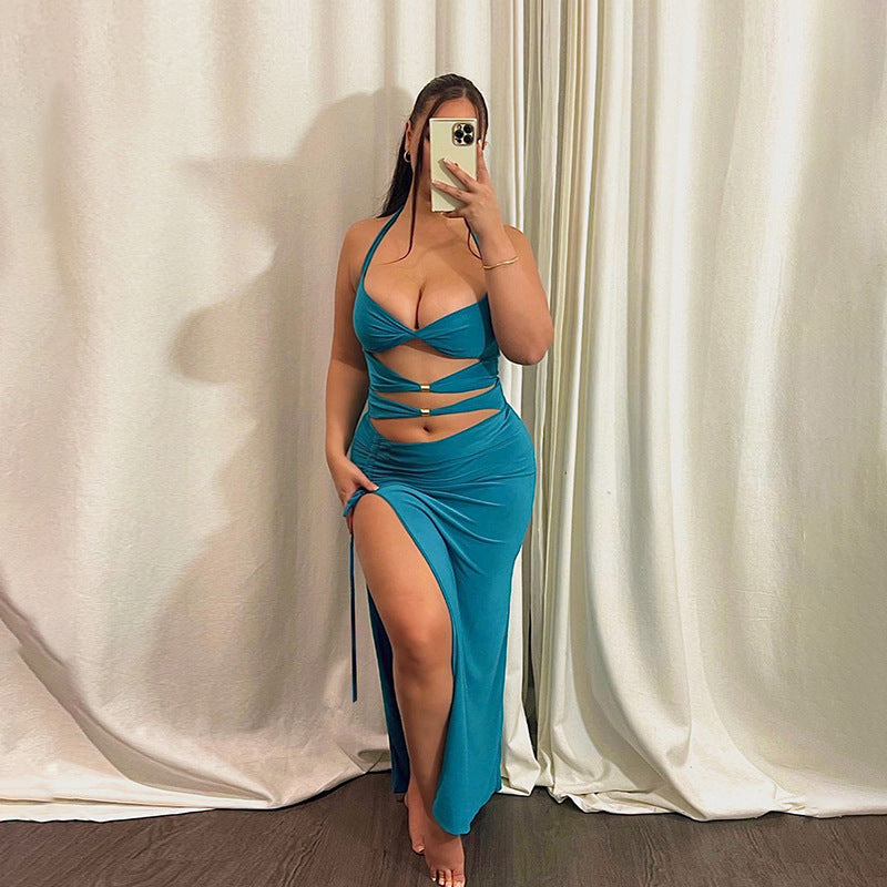 Hollow Out Cutout Metal Buckle Split Sexy Halter Tied Dress Women Vacation Dress