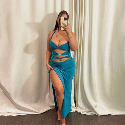 Hollow Out Cutout Metal Buckle Split Sexy Halter Tied Dress Women Vacation Dress