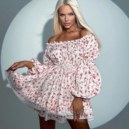 Sexy off Neck Puff Sleeve Pleated Tube Top Printed Waist Controlled Dress Women A line