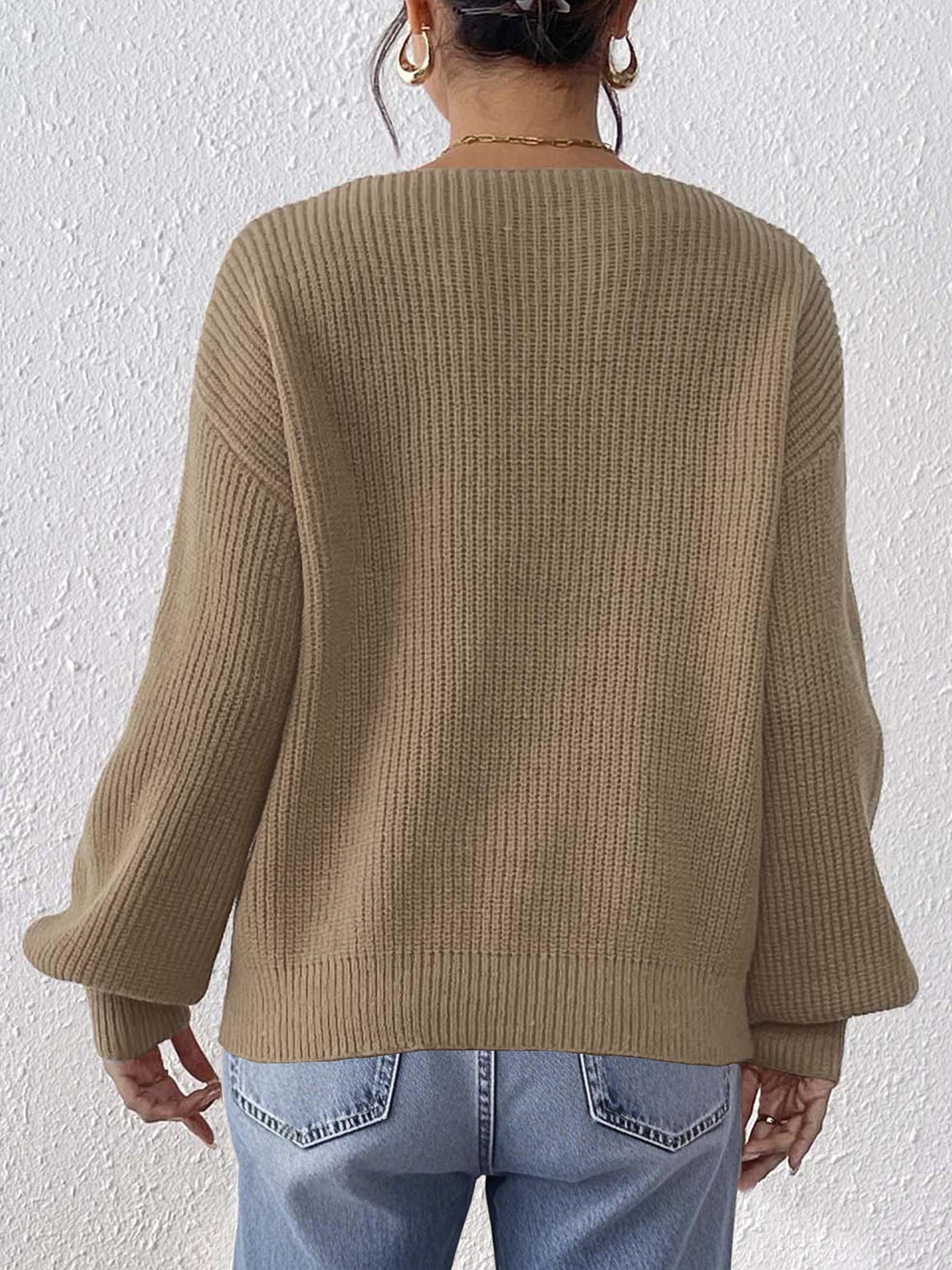 Lace Sequined Bow Tie V neck Patchwork Pullover Women Clothing Loose Lazy Long Sleeve Sweater