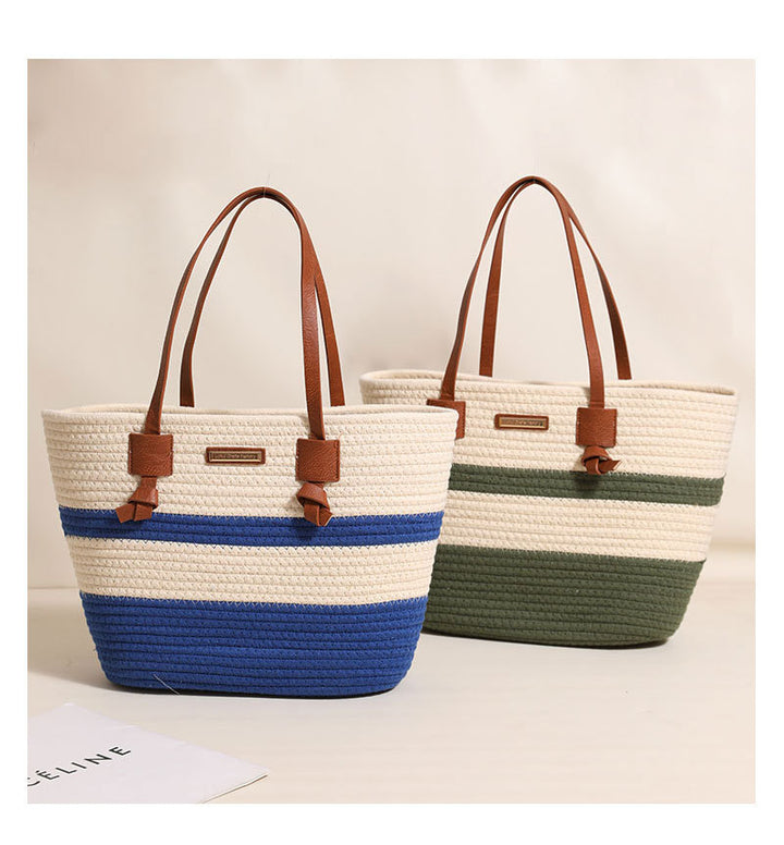One Shoulder Cotton Thread Woven Bag Large Capacity Tote Straw Bag Vacation Beach Women Bag - GLAMWEARS