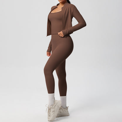 Skinny Yoga Pants High Waist Nude Feel Camisole Sports Zip Long Sleeve Coat Workout Clothes Three Piece Set