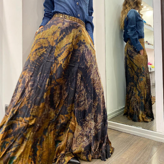 Women Autumn Retro Printed Elastic Waist Long Skirt