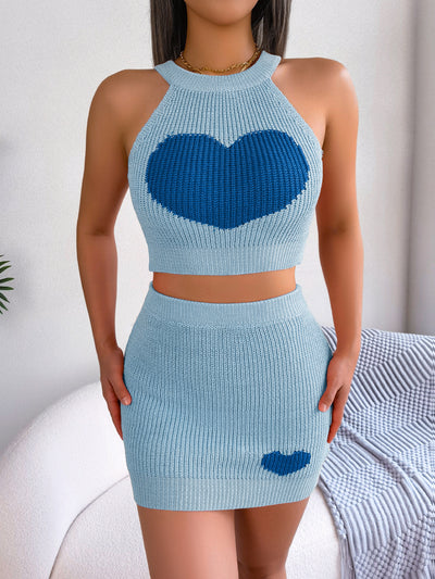 Spring Summer Casual Love Contrast Color Cropped Top Bag Hip Skirt Set Women Clothing