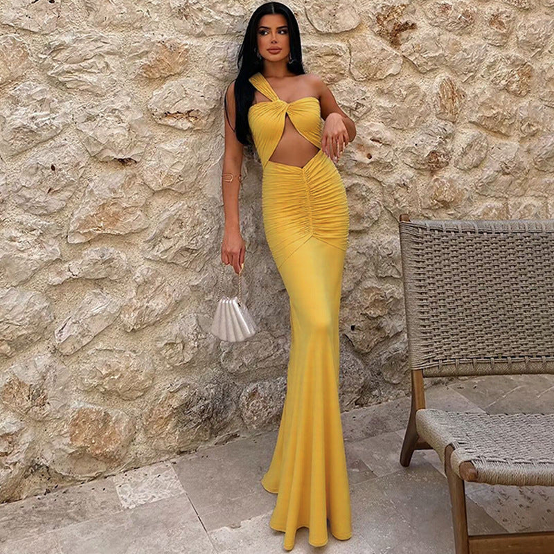 Summer Women Clothing Solid Color One Shoulder Sexy Cutout Pleated Slim Fit Dress