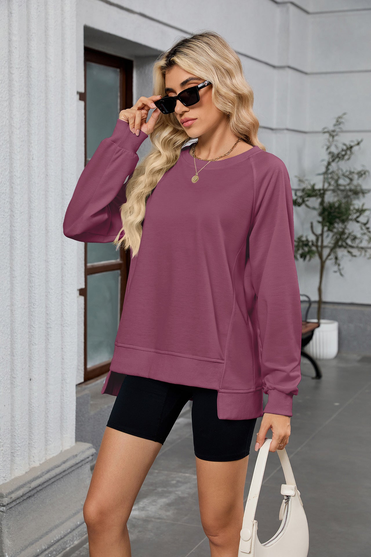 Autumn Winter Solid Color Thread round Neck Long Sleeve Loose Sweatshirt Women Top