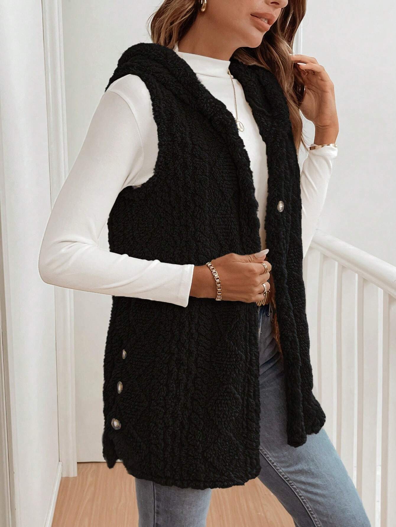 Autumn Winter Women Double Sided Plush Casual Hooded Cardigan Vest