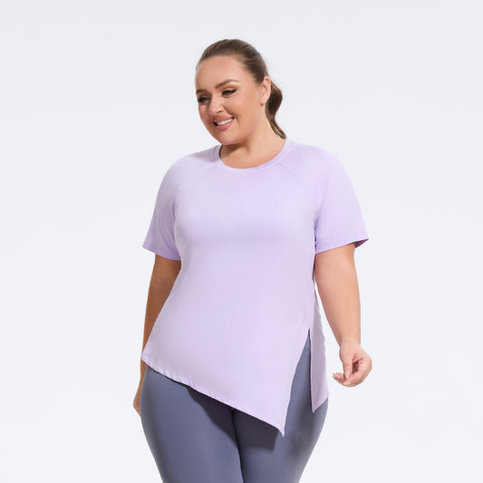 Plus Size Yoga Wear Women Sports Top T shirt with Short Sleeves Split Running Pilates Training Loose Blouse Workout Clothes