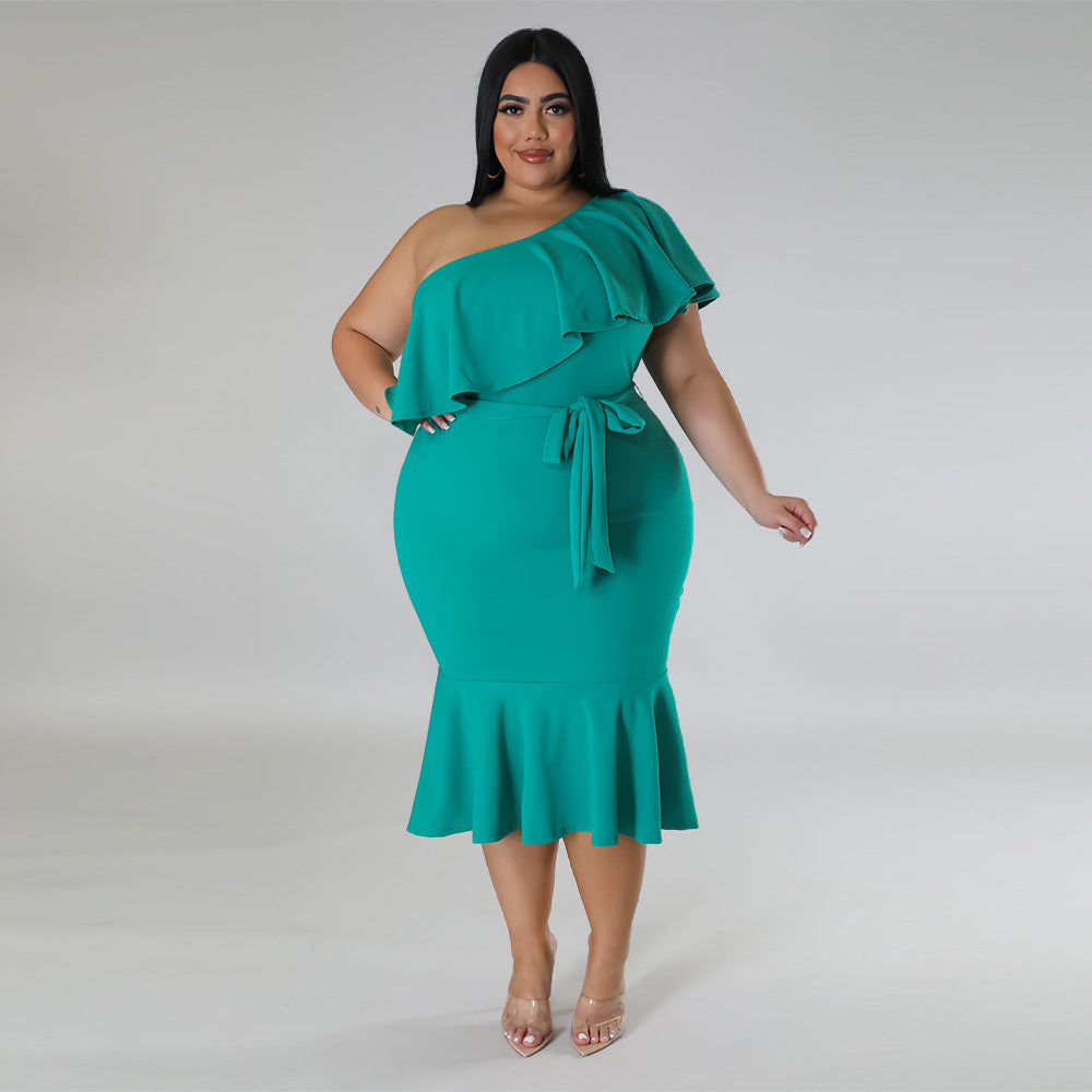 Plus Size Women Clothing Slim Casual Ruffled Tube Top Midi Dress