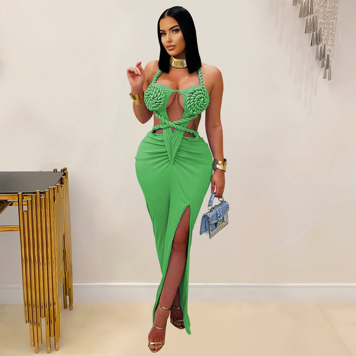 Women Wear Sexy Knitted Halter Backless Solid Color Dress