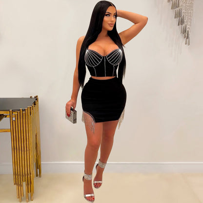 Women Wear Drilling Tassel Sleeveless Slip Dress Two Piece Set